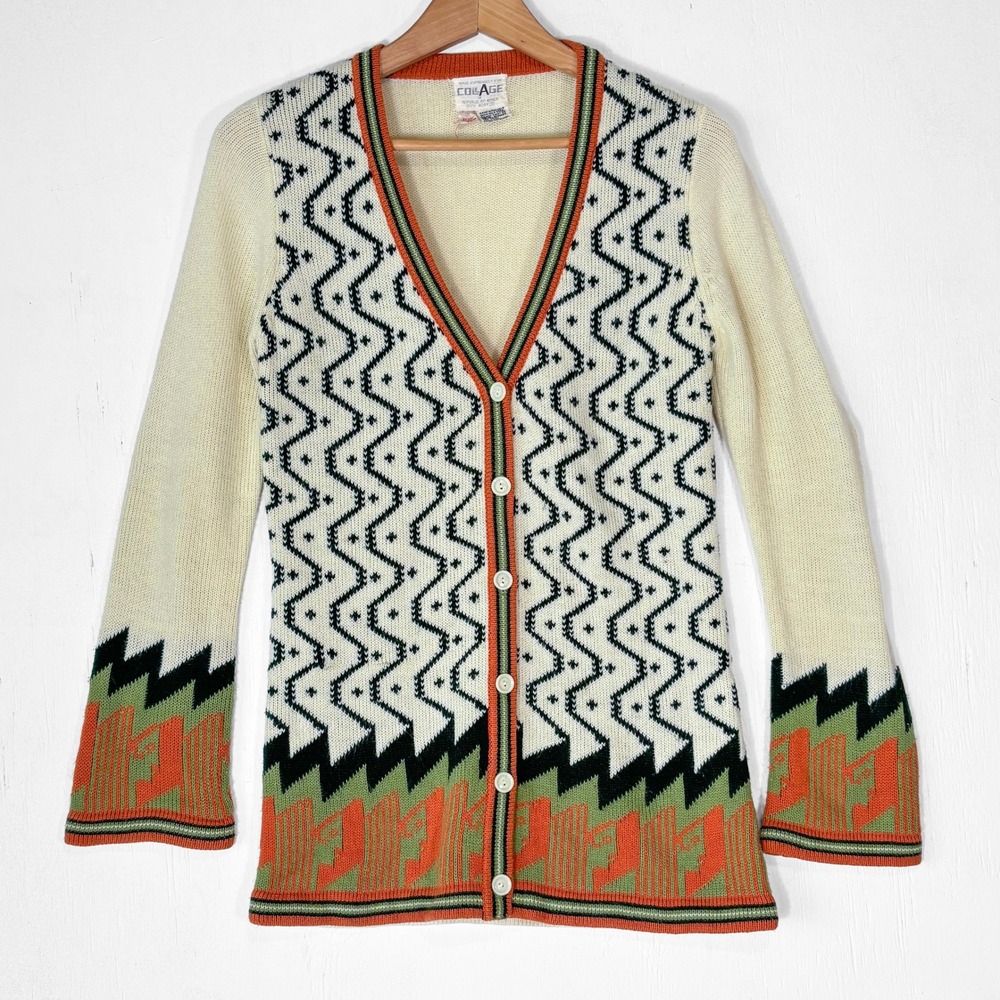 VTG 70s Collage Geometric Knit Cardigan Sweater Womens S Retro Sport Preppy